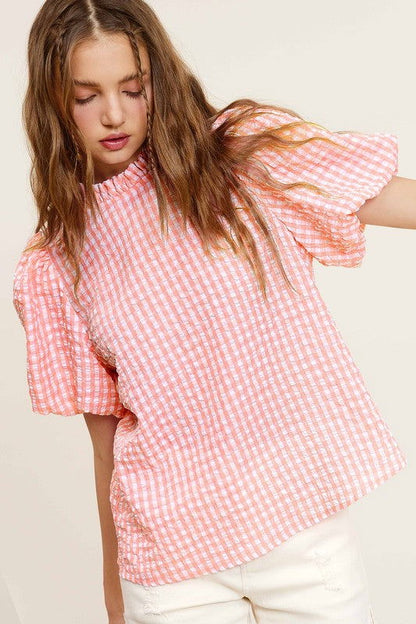 La Miel Gingham Check Print Puff Sleeve Top us.meeeshop - 