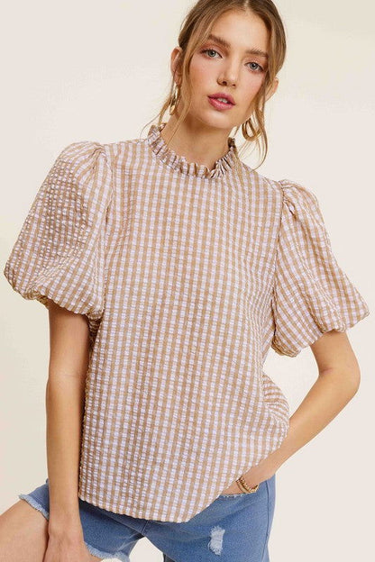 La Miel Gingham Check Print Puff Sleeve Top us.meeeshop - 