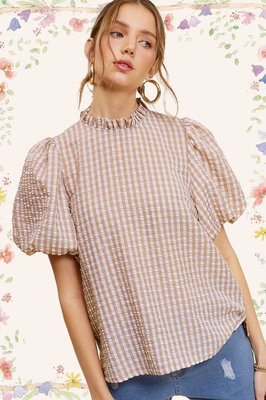 La Miel Gingham Check Print Puff Sleeve Top us.meeeshop - 