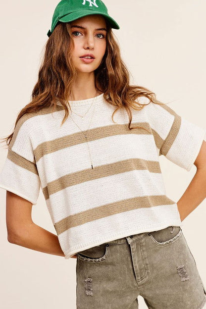 La Miel Lightweight Stripe Sweater Short Sleeve Top us.meeeshop - Shirts & Tops