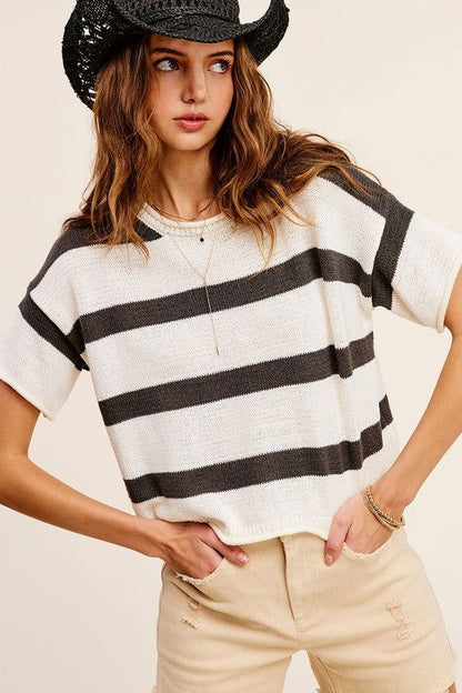 La Miel Lightweight Stripe Sweater Short Sleeve Top us.meeeshop - 