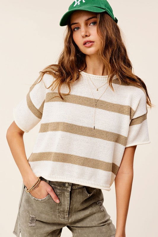 La Miel Lightweight Stripe Sweater Short Sleeve Top us.meeeshop - 