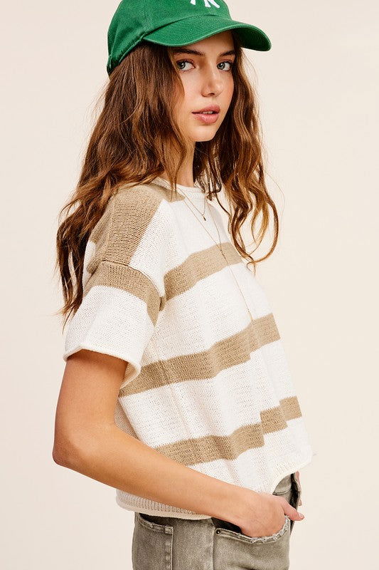 La Miel Lightweight Stripe Sweater Short Sleeve Top us.meeeshop - 