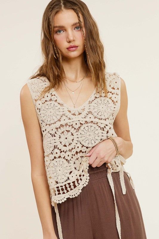 La Miel Self Side Tie Detailed Crochet Vest Top us.meeeshop - 