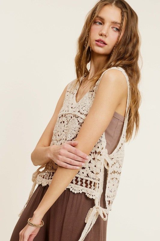 La Miel Self Side Tie Detailed Crochet Vest Top us.meeeshop - 