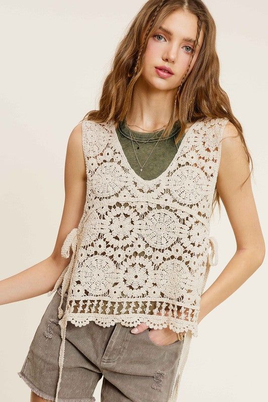 La Miel Self Side Tie Detailed Crochet Vest Top us.meeeshop - 