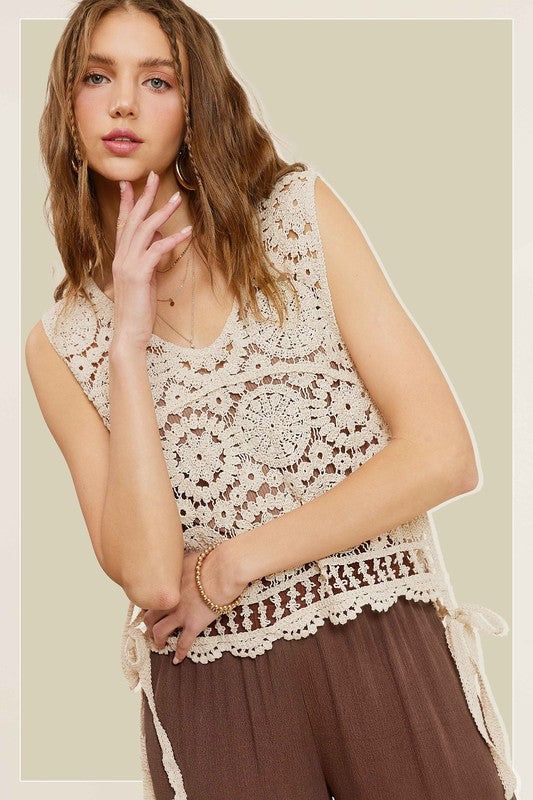 La Miel Self Side Tie Detailed Crochet Vest Top us.meeeshop - 