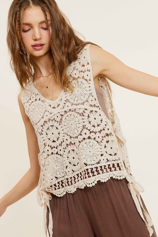 La Miel Self Side Tie Detailed Crochet Vest Top us.meeeshop - 