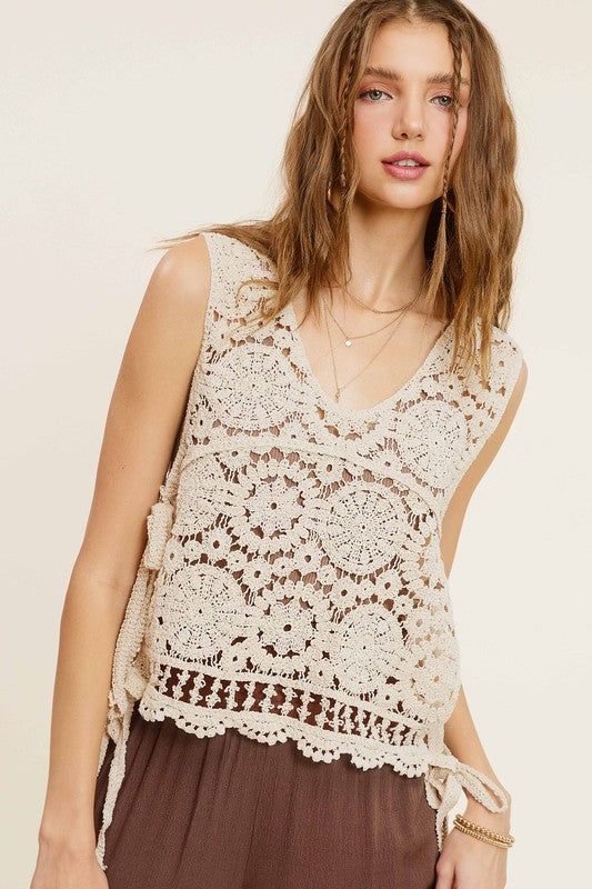 La Miel Self Side Tie Detailed Crochet Vest Top us.meeeshop - 