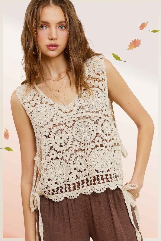 La Miel Self Side Tie Detailed Crochet Vest Top us.meeeshop - Shirts & Tops