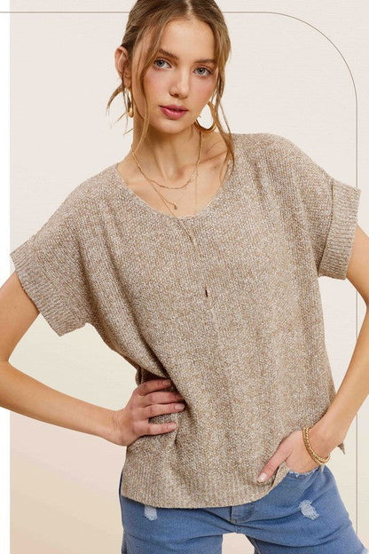 La Miel Soft Lightweight V-Neck Short Sleeve Sweater Top us.meeeshop - 