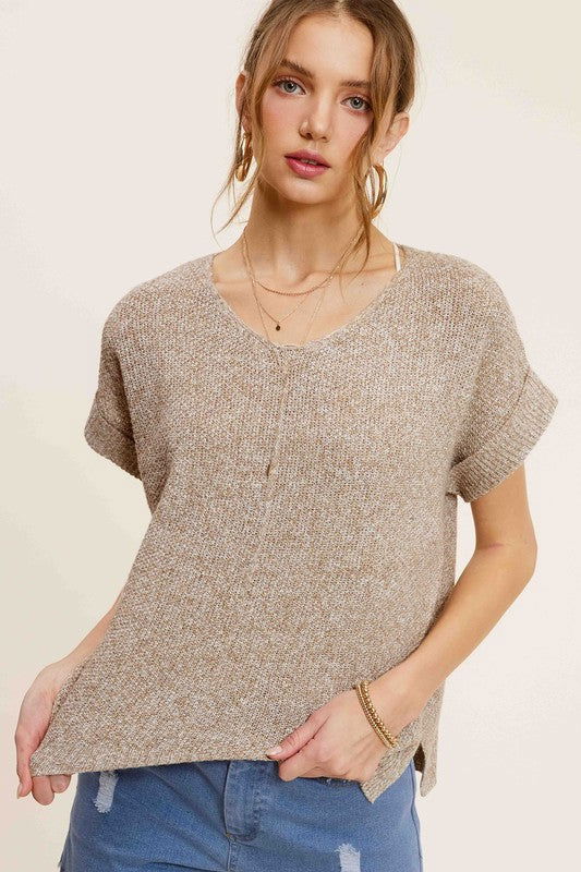 La Miel Soft Lightweight V-Neck Short Sleeve Sweater Top us.meeeshop - 