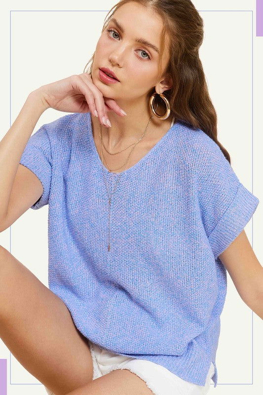 La Miel Soft Lightweight V-Neck Short Sleeve Sweater Top us.meeeshop - Shirts & Tops