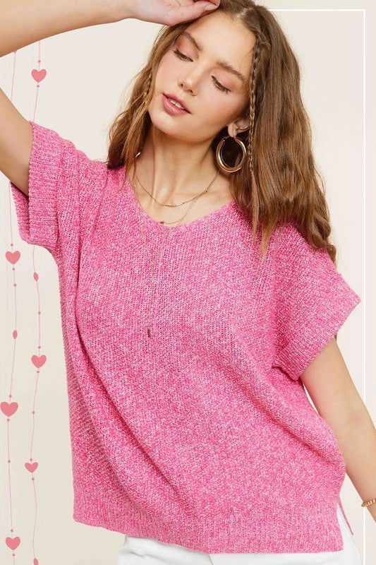 La Miel Soft Lightweight V-Neck Short Sleeve Sweater Top us.meeeshop - 