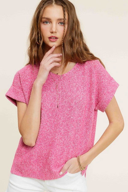 La Miel Soft Lightweight V-Neck Short Sleeve Sweater Top us.meeeshop - 