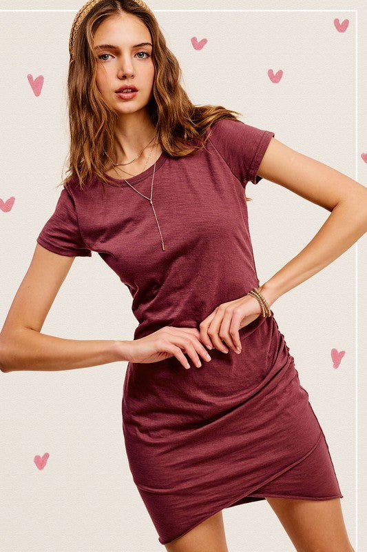 La Miel Soft Ruched Round Neck Short Sleeve Mini Dress us.meeeshop - 