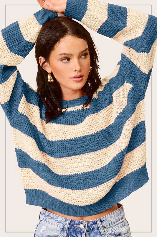 La Miel Striped Round Neck Loose Fit Sweater us.meeeshop - 