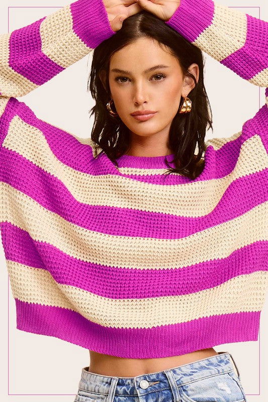 La Miel Striped Round Neck Loose Fit Sweater us.meeeshop - Shirts & Tops