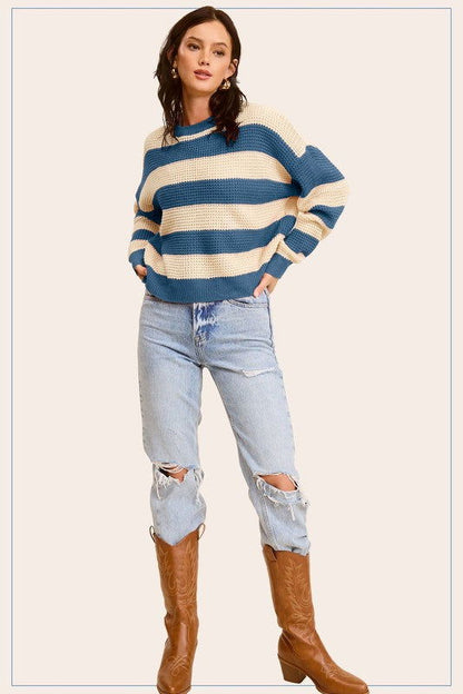 La Miel Striped Round Neck Loose Fit Sweater us.meeeshop - 