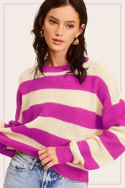 La Miel Striped Round Neck Loose Fit Sweater us.meeeshop - 