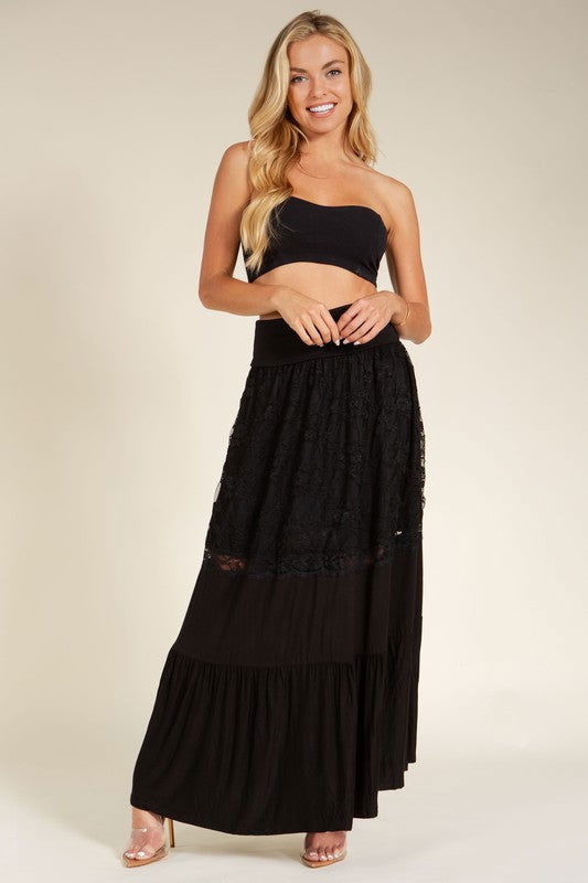 Lace Combo Tier Ruffle Maxi Skirt us.meeeshop - 