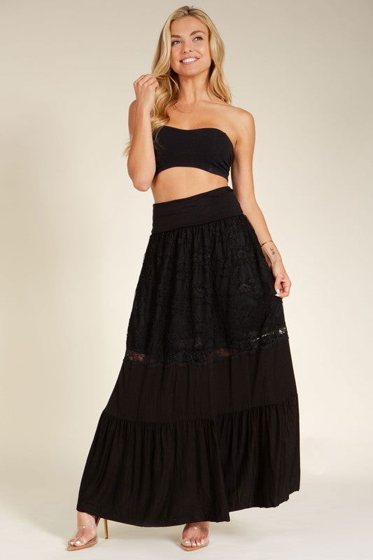 Lace Combo Tier Ruffle Maxi Skirt us.meeeshop - Skirts