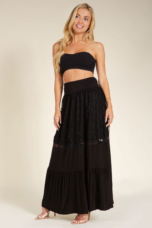 Lace Combo Tier Ruffle Maxi Skirt us.meeeshop - 