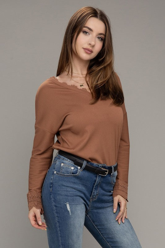 Lace Trim V Neck Long Sleeve Top | us.meeeshop