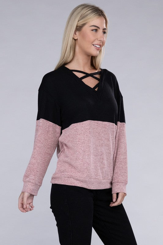 Lace Up V Neck Long Sleeve Top | us.meeeshop