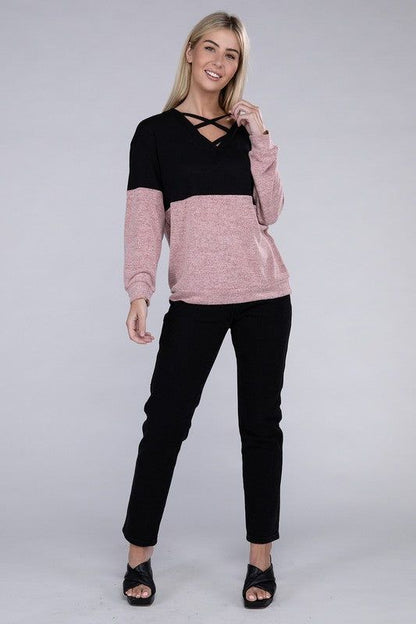 Lace Up V Neck Long Sleeve Top us.meeeshop - 