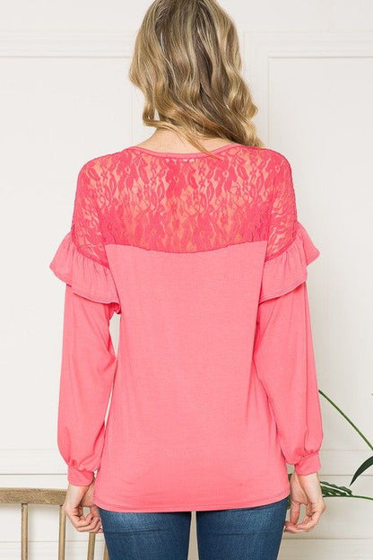 Lace Yoke Ruffle Sleeves us.meeeshop - 