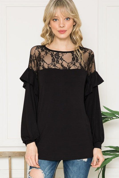 Lace Yoke Ruffle Sleeves us.meeeshop - 