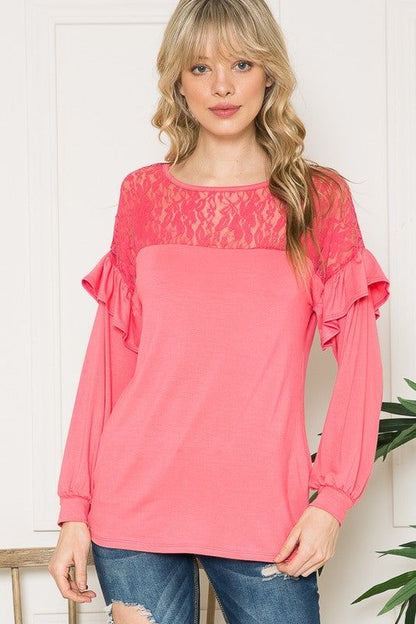 Lace Yoke Ruffle Sleeves us.meeeshop - 