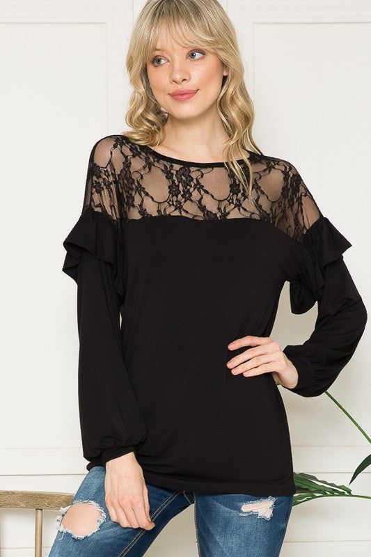 Lace Yoke Ruffle Sleeves us.meeeshop - Shirts & Tops