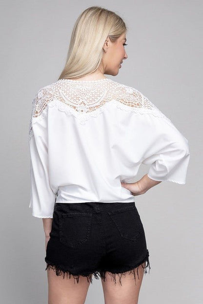 Lace trim blouse with tie us.meeeshop - 