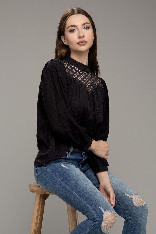 Lace yoke blouse in Black us.meeeshop - Shirts & Tops