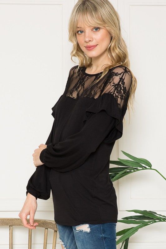 Women's Lace Yoke Ruffle Sleeves - us.meeeshop