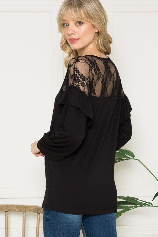 Women's Lace Yoke Ruffle Sleeves - us.meeeshop