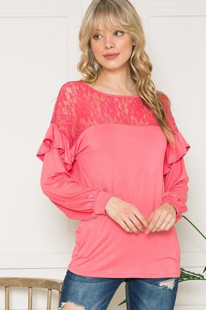 Women's Lace Yoke Ruffle Sleeves - us.meeeshop