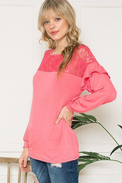 Women's Lace Yoke Ruffle Sleeves - us.meeeshop