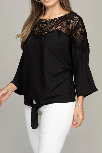 Women's Lace trim blouse with tie - us.meeeshop