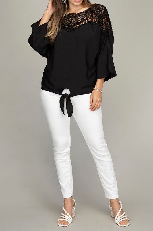 Women's Lace trim blouse with tie - us.meeeshop