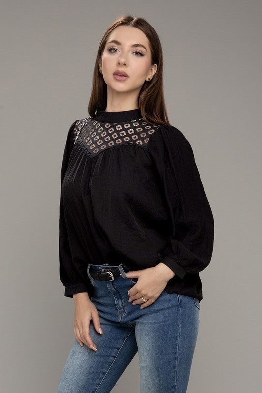 Women's Lace yoke blouse in Black - us.meeeshop