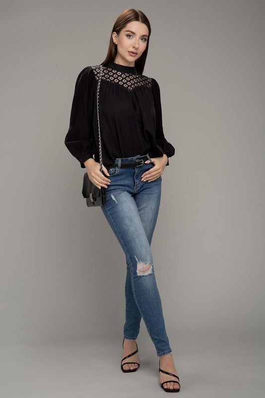 Women's Lace yoke blouse in Black - us.meeeshop