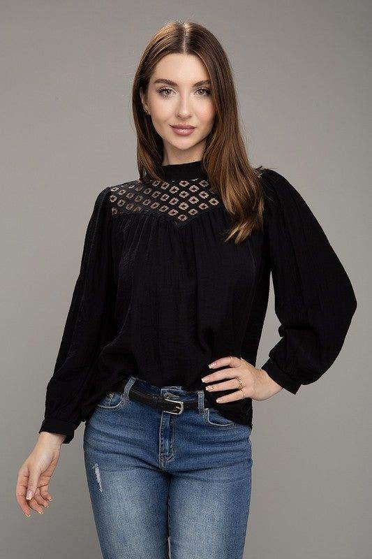 Lace yoke blouse in Black - us.meeeshop