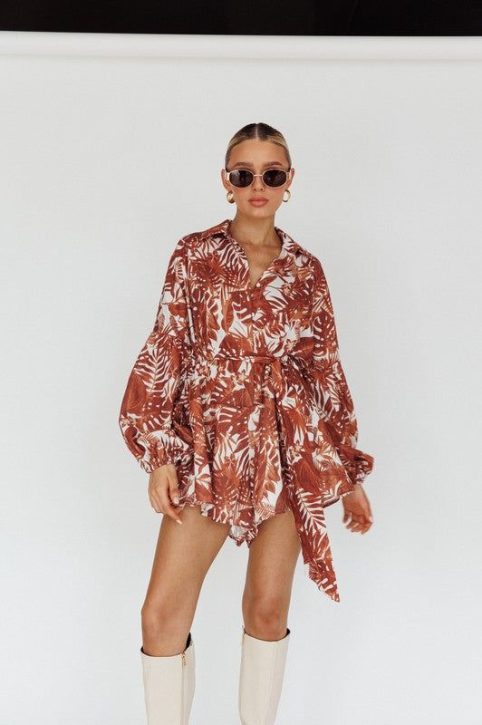 Leaves Print Puff Sleeved Romper us.meeeshop - 