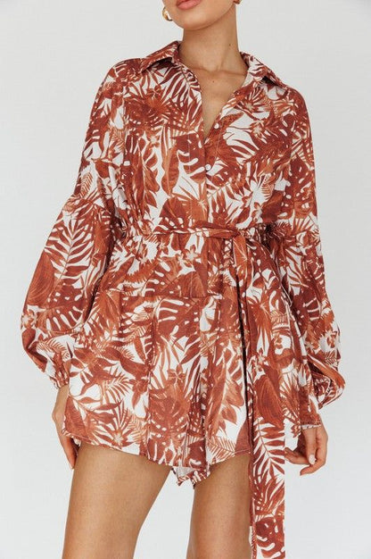 Leaves Print Puff Sleeved Romper us.meeeshop - Jumpsuits & Rompers