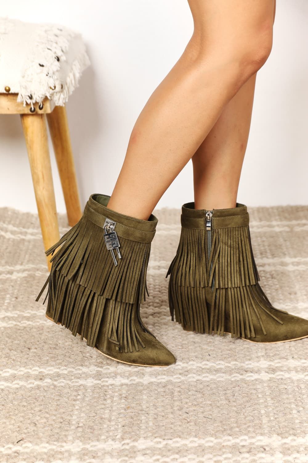 Legend Women's Tassel Wedge Heel Olive Ankle Booties us.meeeshop - 