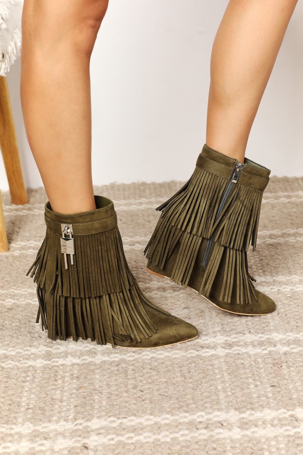 Legend Women's Tassel Wedge Heel Olive Ankle Booties us.meeeshop - 