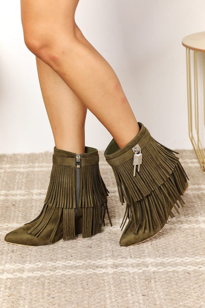 Legend Women's Tassel Wedge Heel Olive Ankle Booties us.meeeshop - Shoes